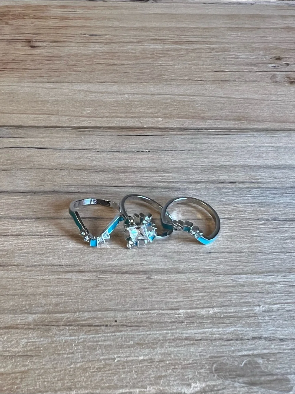 Turquoise Silver Tone Triple Band  Art Deco Fashion Ring-Size 6.5